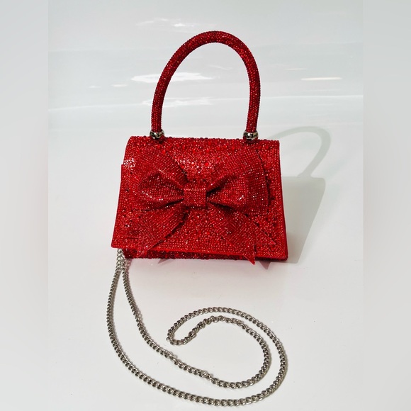 Red Rhinestone Studded Top Handle Large Bow Evening Bag - Picture 10 of 15